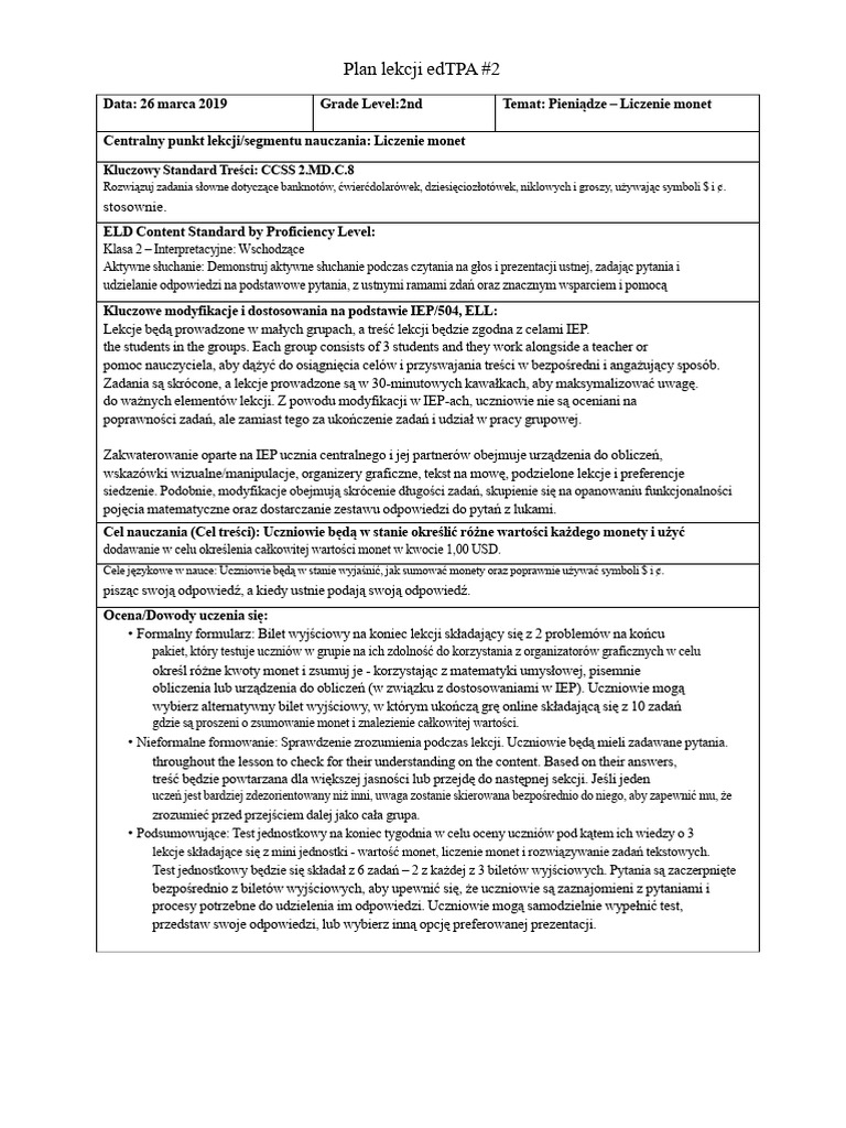 Plan Lekcji edTPA 2 | PDF