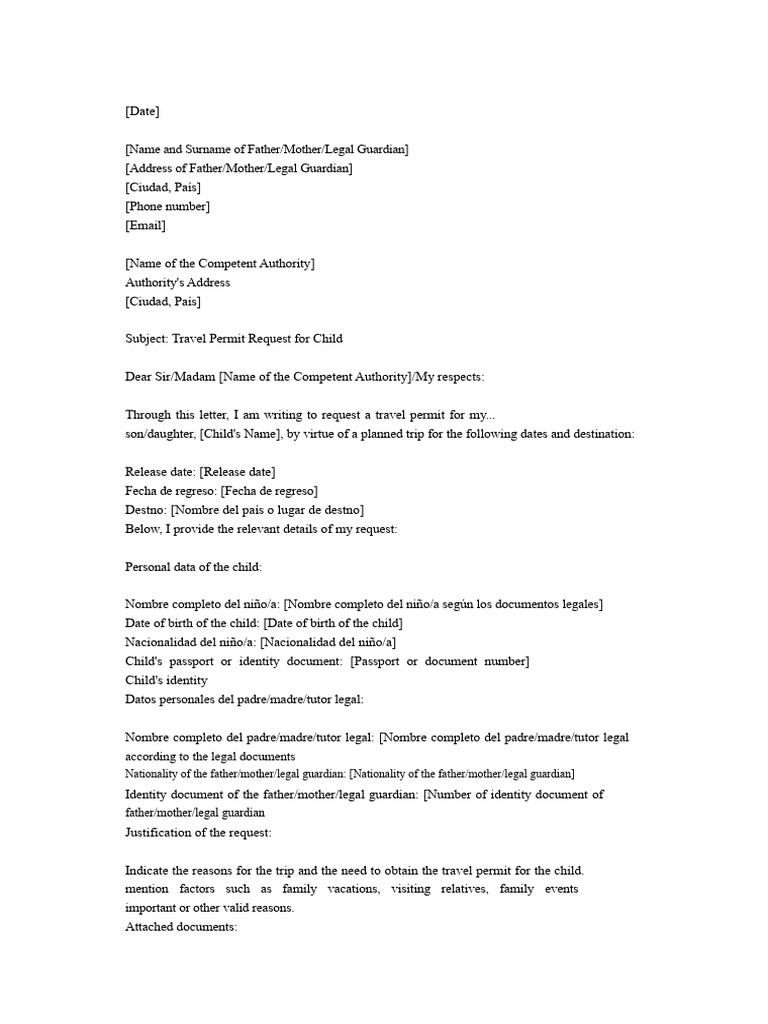 Child Travel Permit Request Letter | PDF