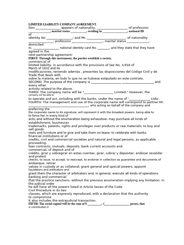Limited Liability Company Agreement | PDF | Arbitration | Partnership