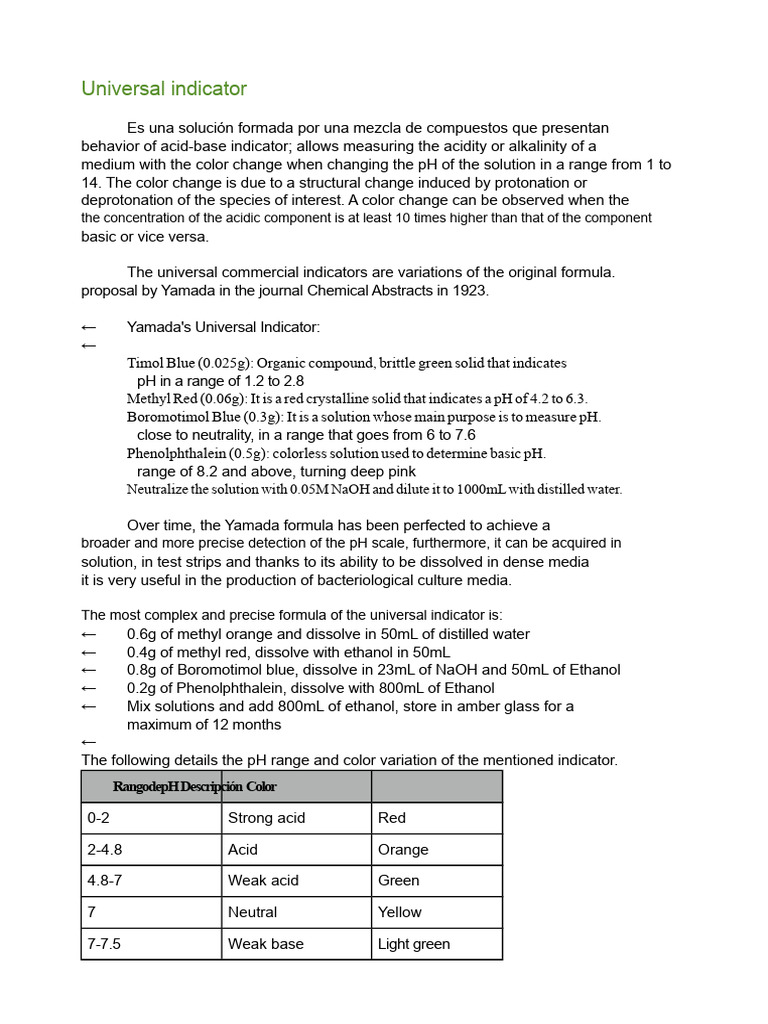 Yamada Universal Indicator Formula | PDF | Ph | Acid