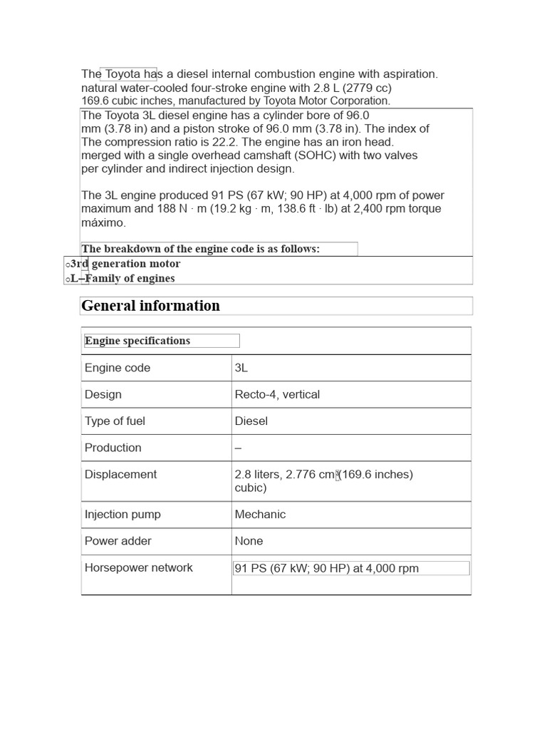 Toyota 3L Engine Specifications | PDF | Engines | Diesel Engine