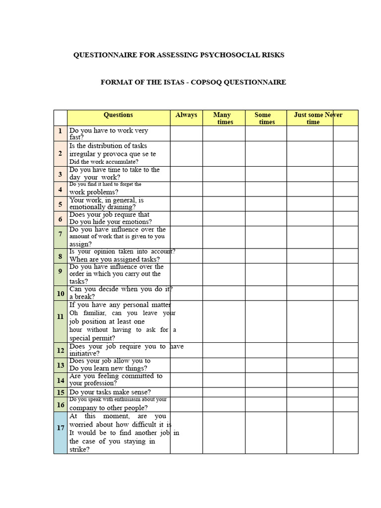 Psychosocial Risk Assessment Questionnaire | PDF | Questionnaire ...