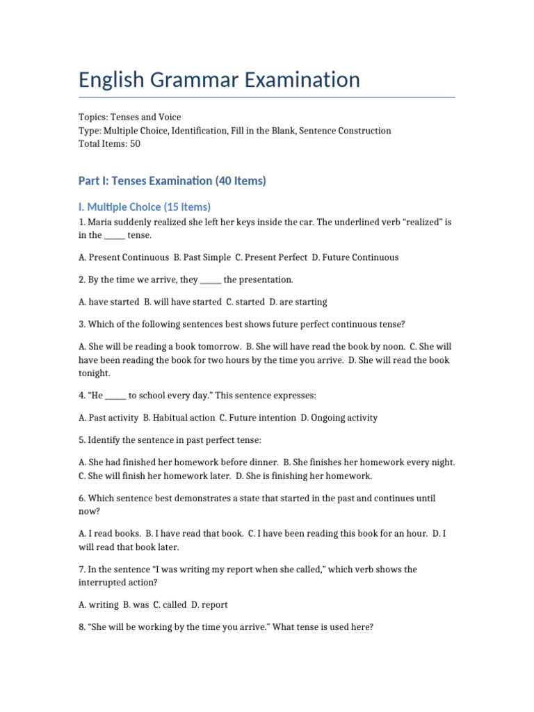 English Grammar Exam: Tenses & Voice | PDF | Semantic Units ...