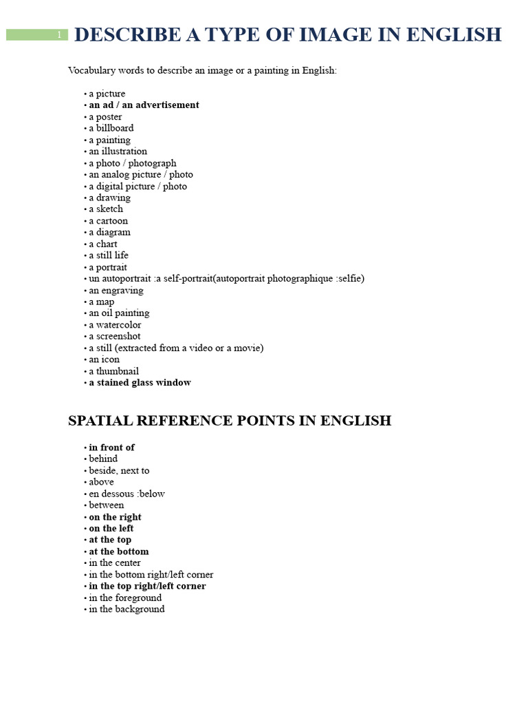 Describing Images in English: Vocabulary Guide | PDF | Paintings | Image