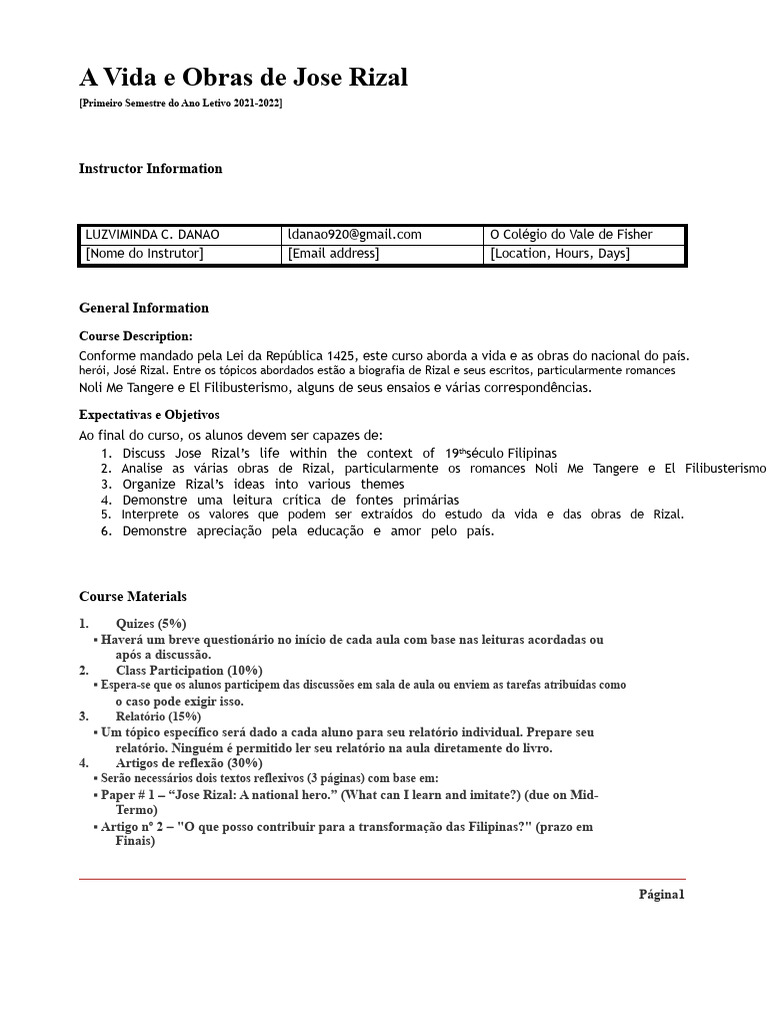 Vida e Obras de José Rizal: Curso 2021-2022 | PDF | Filipinas | Manila