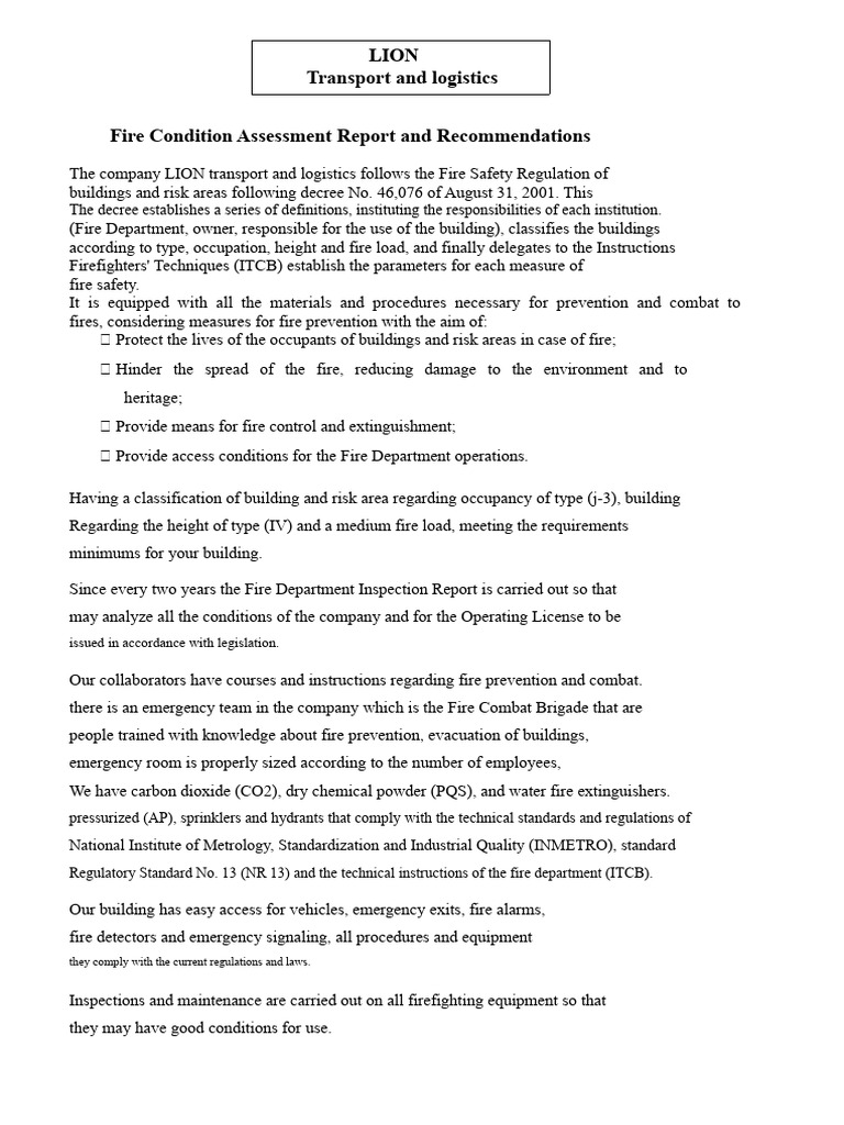 Fire Safety Assessment Report for LION | PDF | Fire Safety | Safety
