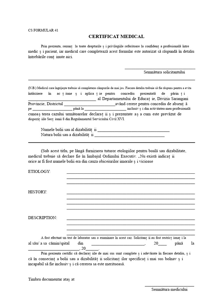 CS Form 41 - Certificat Medical | PDF