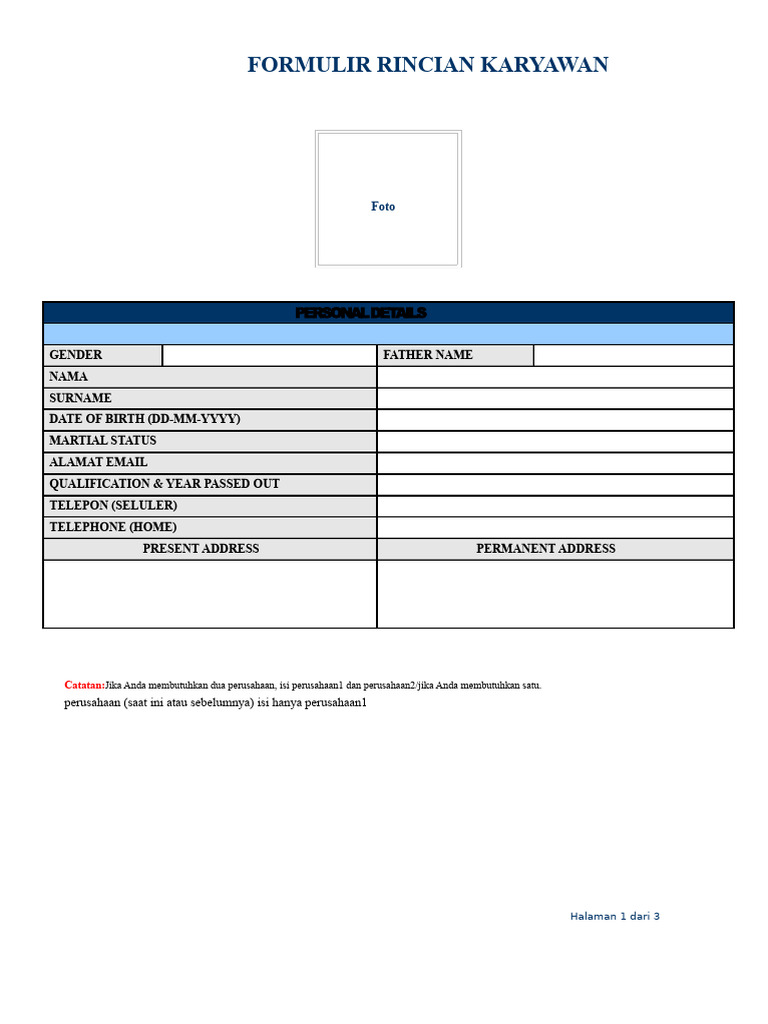 Formulir Rincian Karyawan Lengkap | PDF