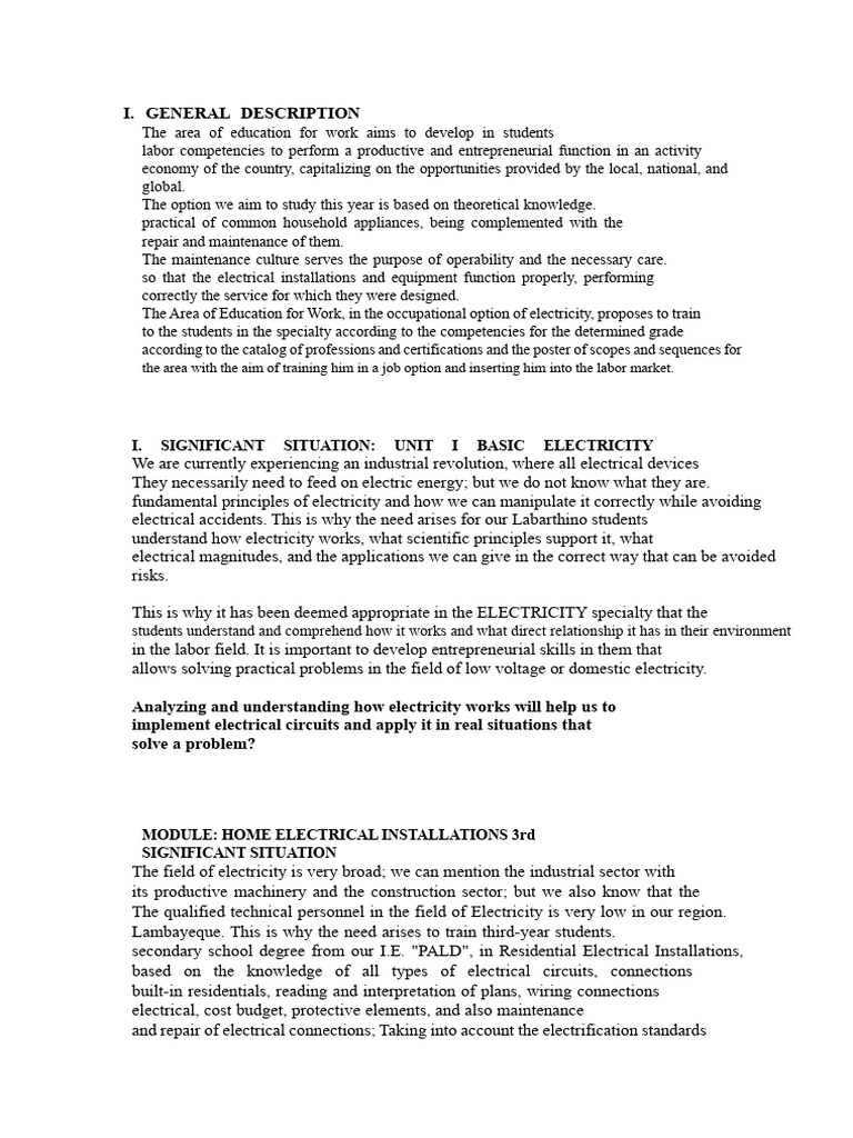 Training in Electrical Installations Skills | PDF | Electricity | Solar ...