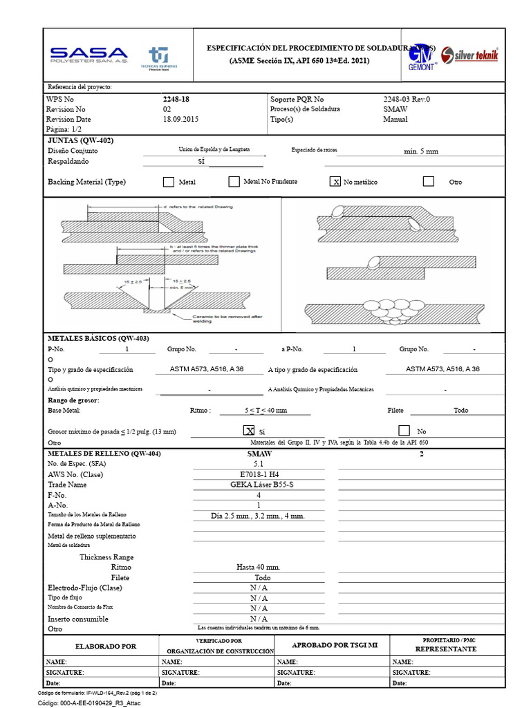Especificación WPS Soldadura SMAW ASME | PDF | Soldadura | Construcción