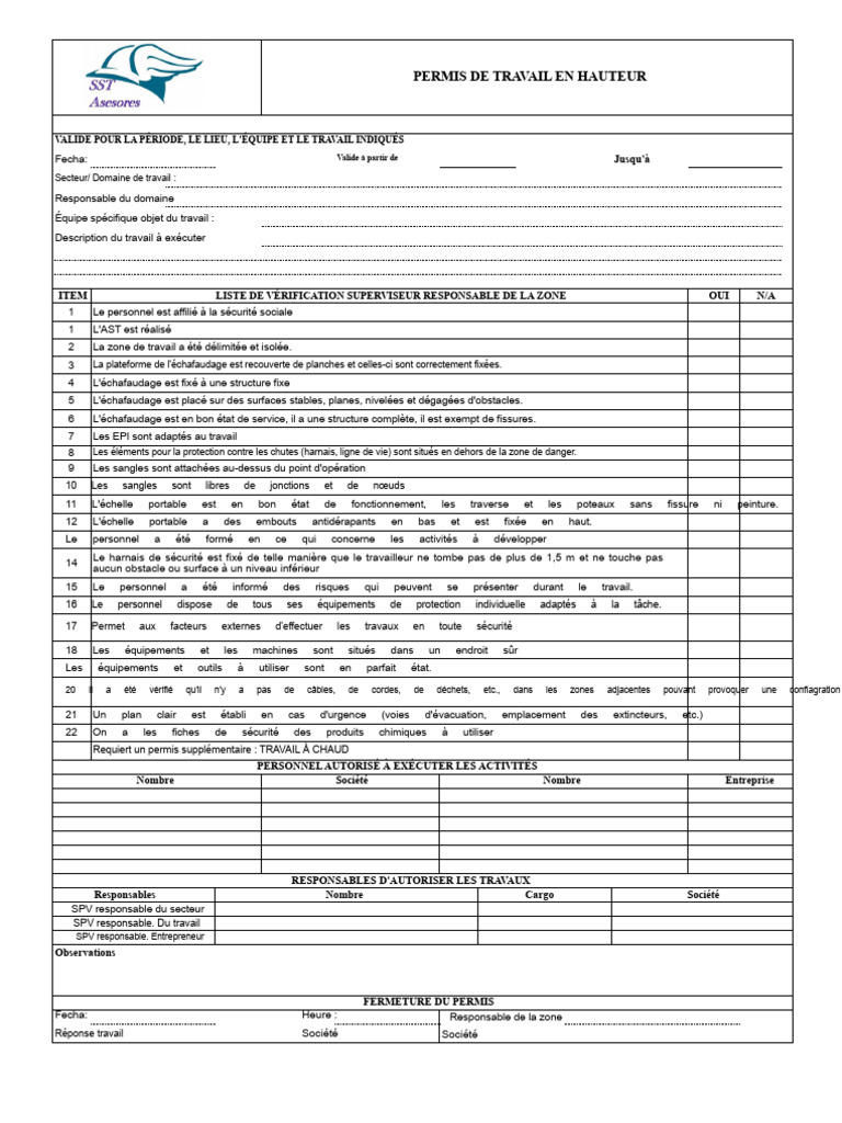 Permis de Travail en Hauteur : Vérifications Essentielles | PDF | Sécurité