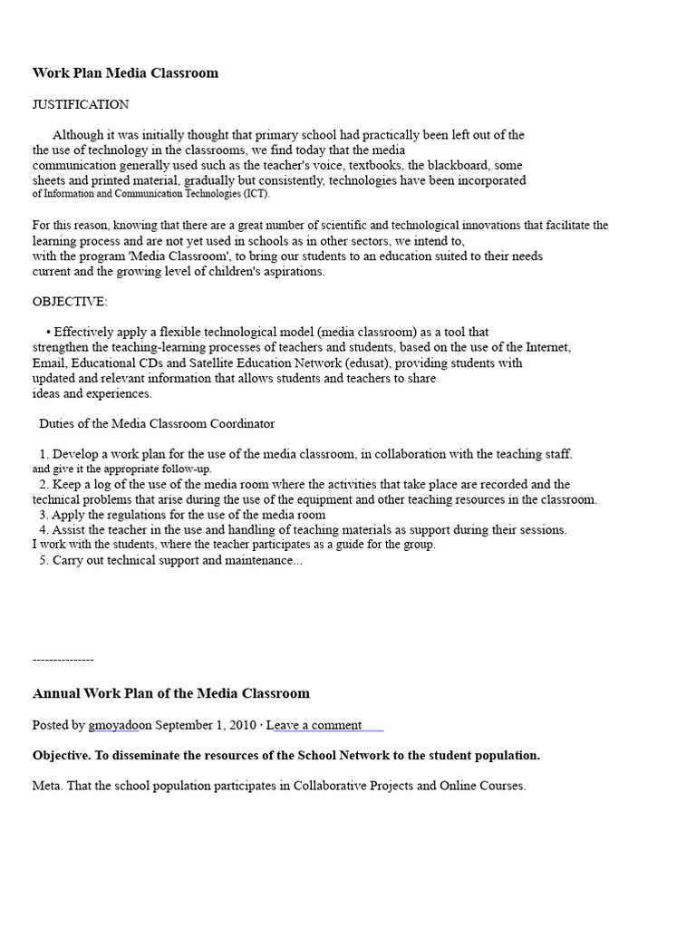 Media Classroom Work Plan Overview | PDF | Distance Education ...
