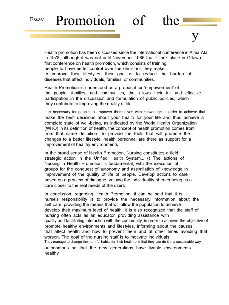 Essay On Health Promotion | PDF | Health Promotion