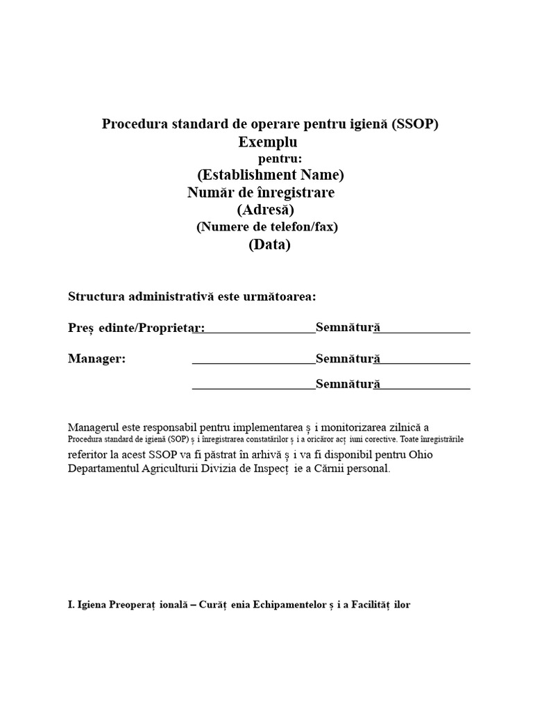 Procedura Standard de Operare Pentru Igienă | PDF