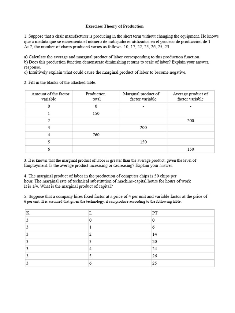 Production Theory Exercises and Analysis | PDF | Marginal Cost | Labour ...
