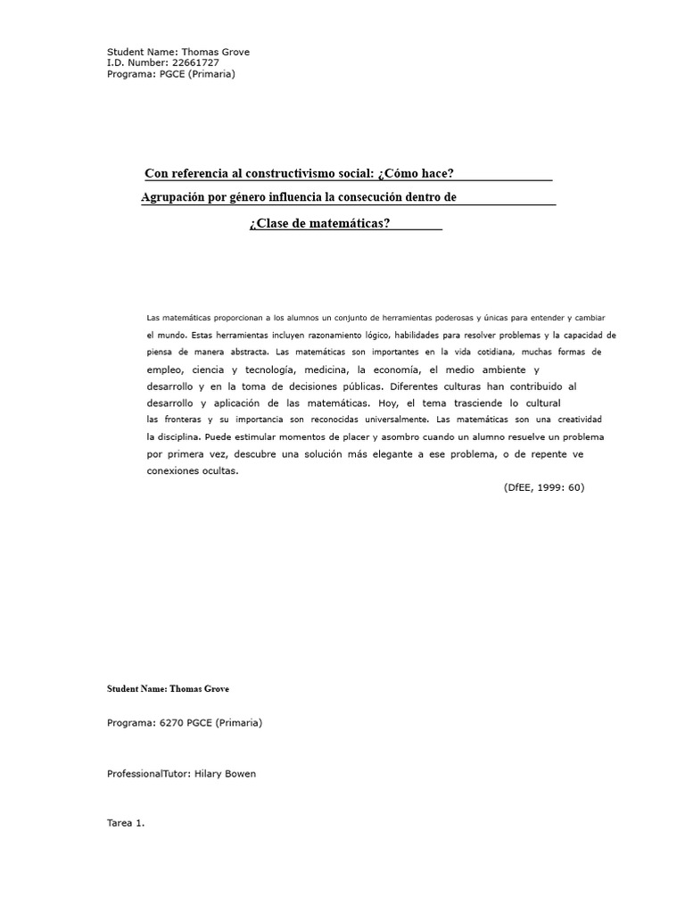 PGCE (Primaria) - Tarea 1. | PDF | Constructivismo (filosofía de la ...