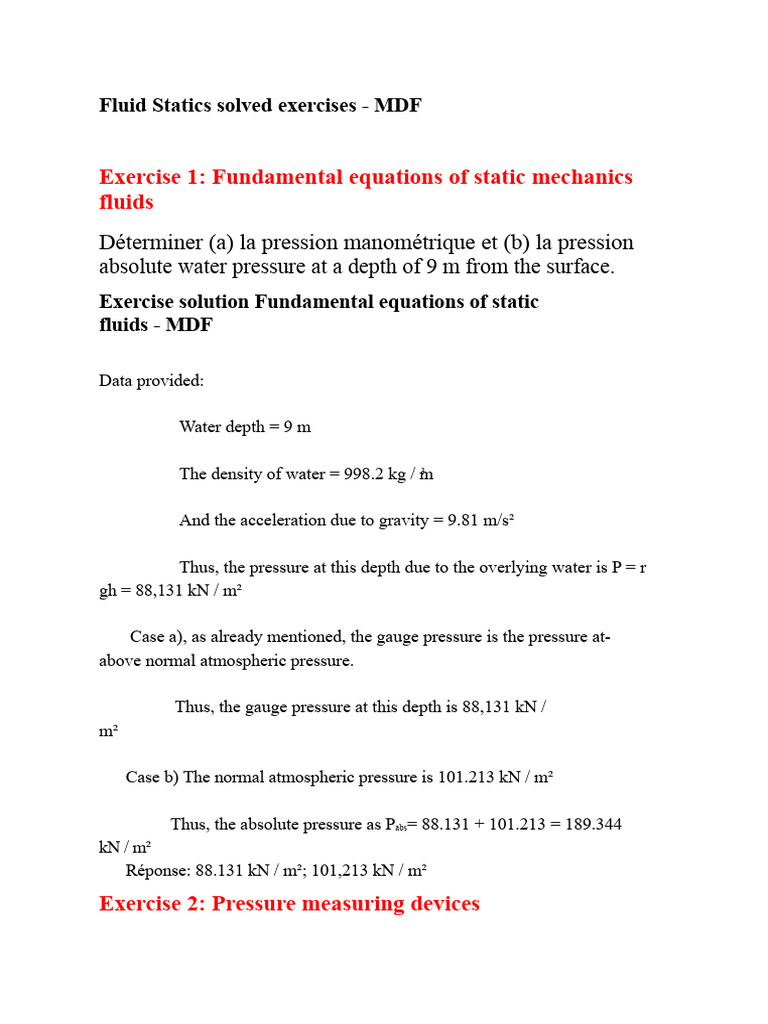 S2 1011 Fluid Mechanics TD Correction | PDF | Pressure | Pressure ...