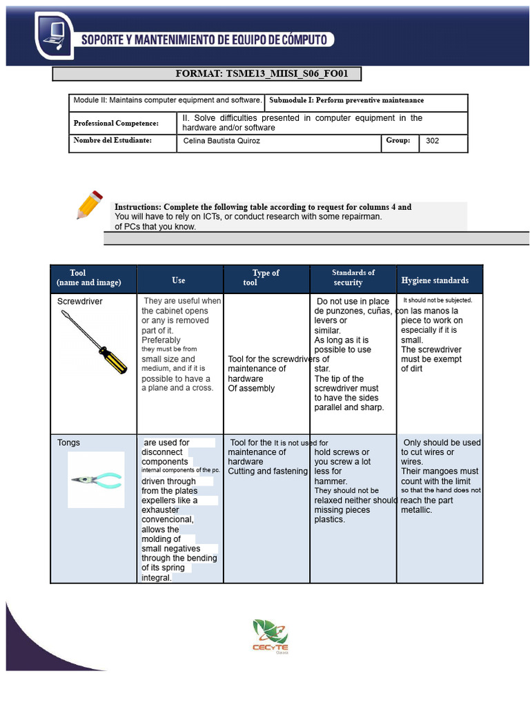 Format of Most Used Tools in The Computer Equipment Maintenance ...