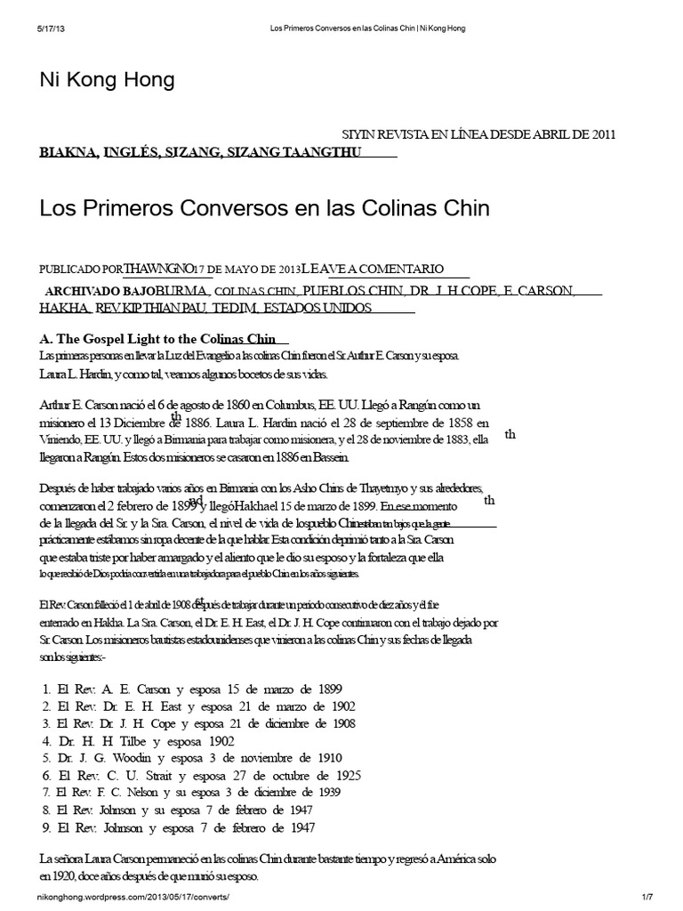 Los Primeros Conversos en Las Colinas Chin - Ni Kong Hong | PDF ...