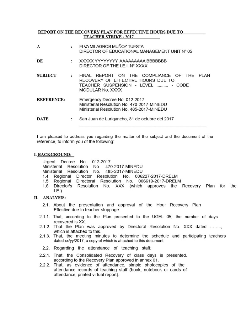Recovery Plan Report Model | PDF