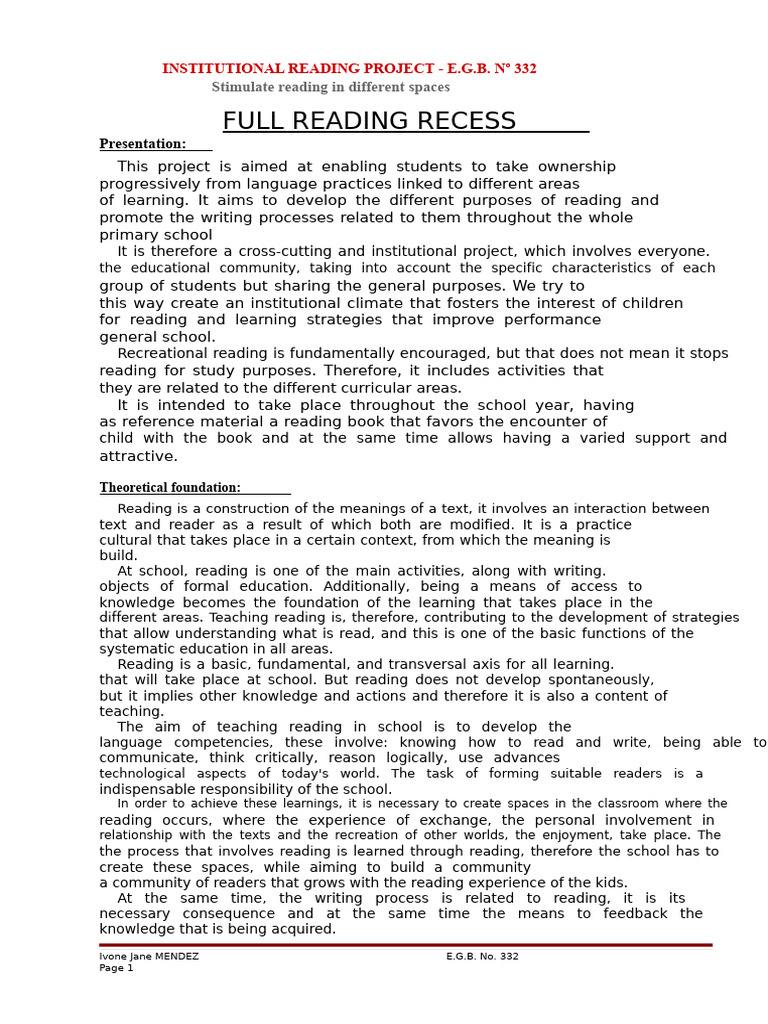 Institutional Reading Project Overview | PDF | Knowledge | Schools