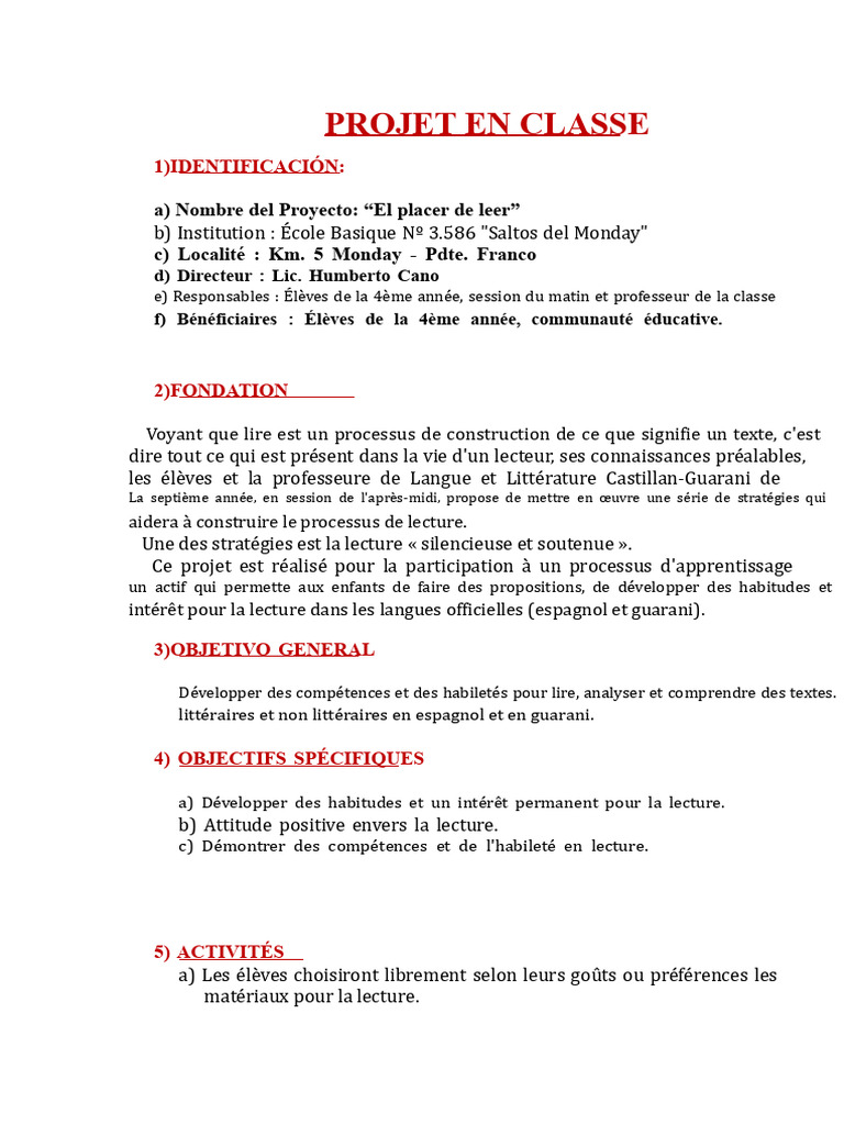 Projet "Le plaisir de lire" en classe | PDF | Apprentissage