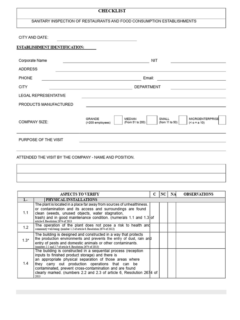 Restaurant Sanitary Inspection Checklist | PDF