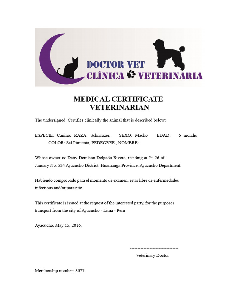 Veterinary Medical Certificate for Pets | PDF