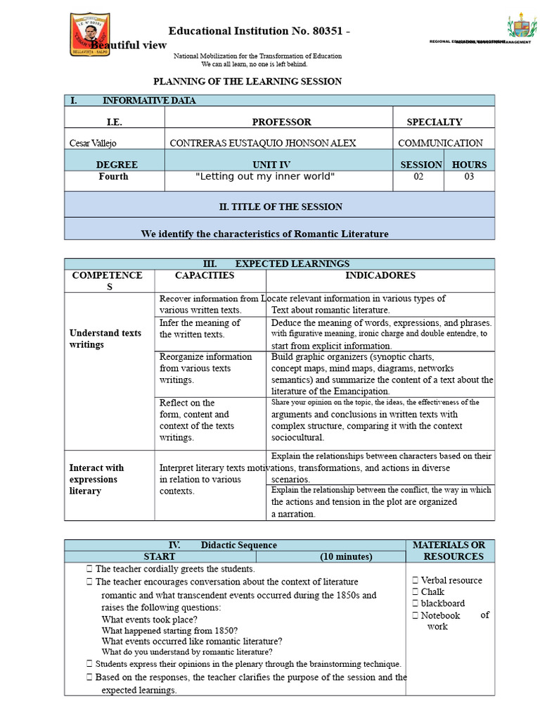 Romantic Literature Learning Session Plan | PDF | Semantics | Information