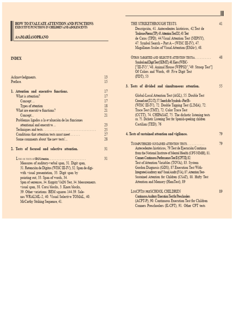 Index How To Evaluate Attention and Executive Functions in Children and ...