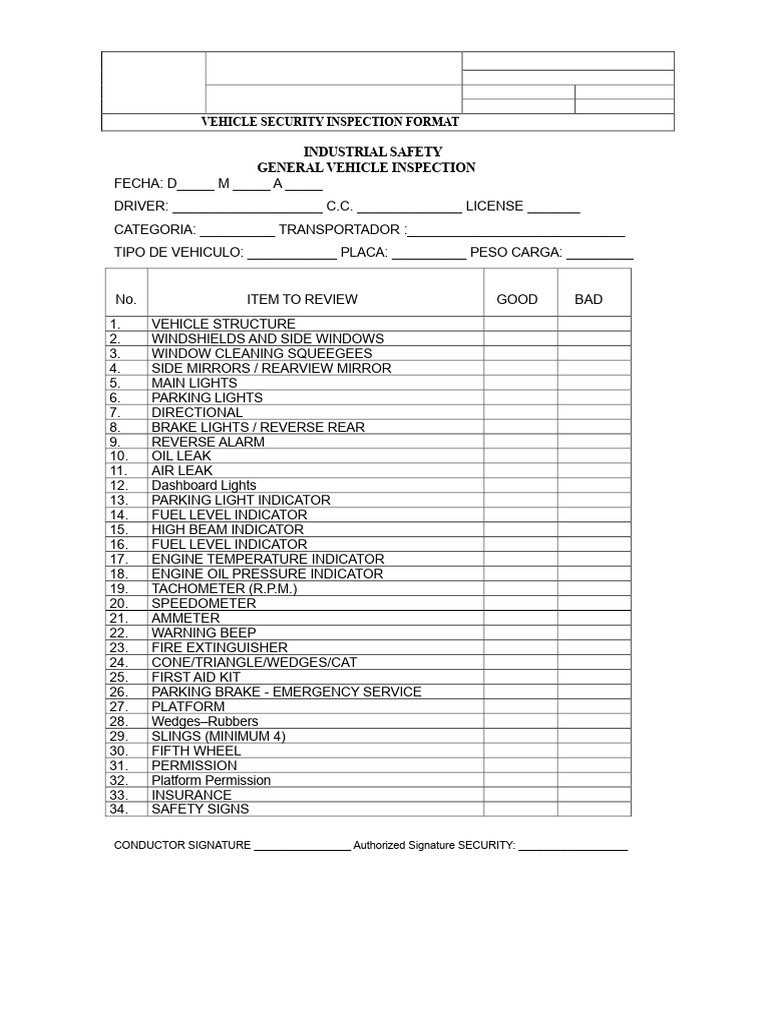 Industrial Safety Format Vehicle Inspection. | PDF