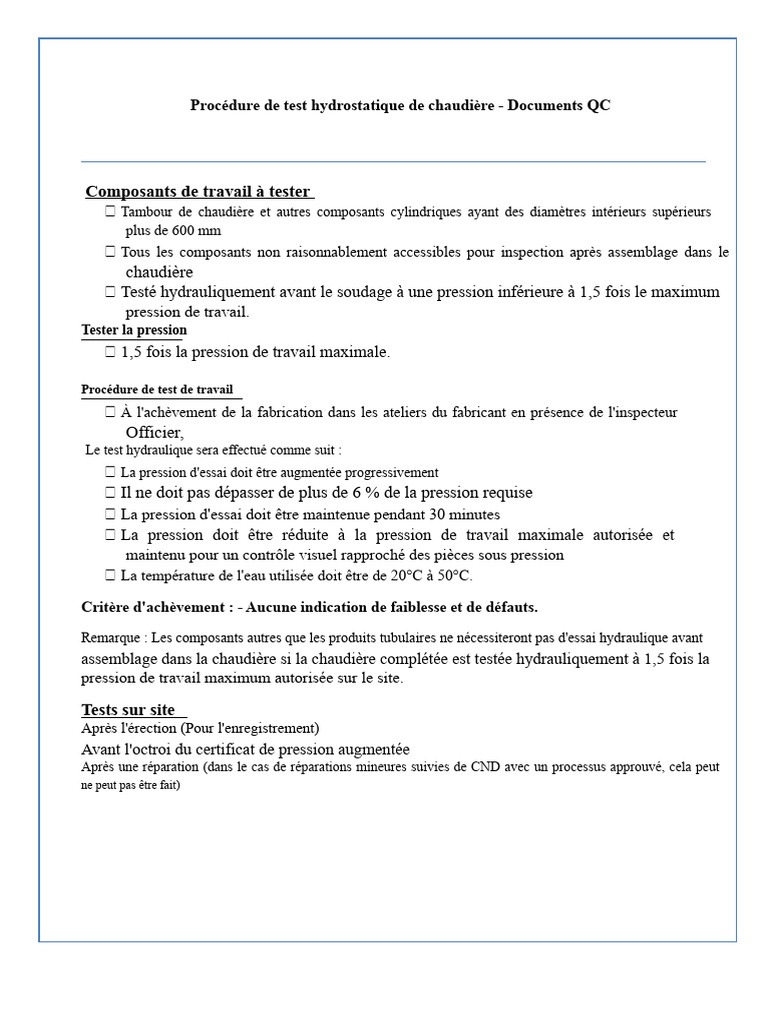 Test hydrostatique des chaudières procédure détaillée PDF Soupape — free download