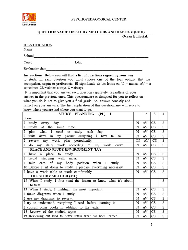 Questionnaire On Study Methods and Habits (QSMH) Ocean Editorial | PDF ...