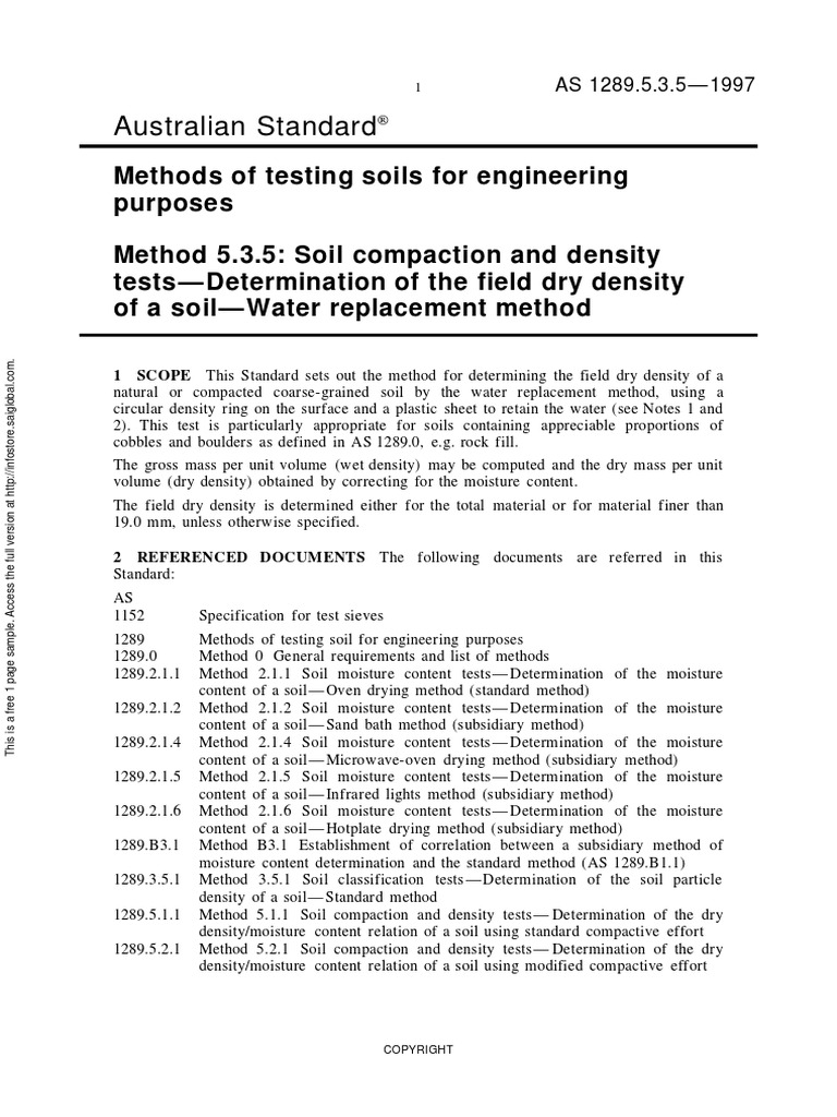 As 1289.5.3.5-1997 Methods of Testing Soils For Engineering Purposes ...