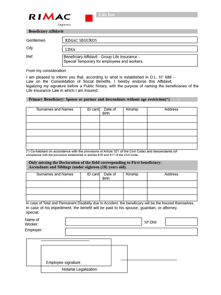 Rimac Beneficiary Declaration Format | PDF