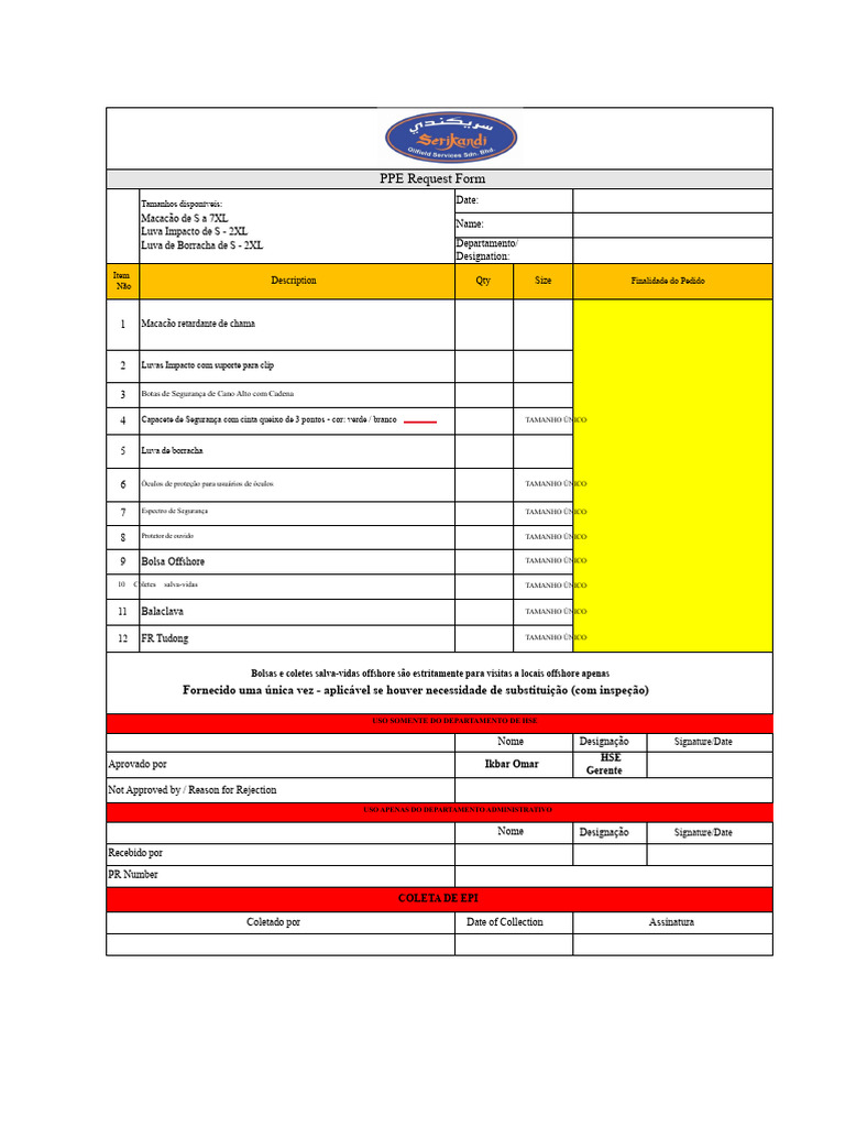 Formulário de Solicitação de EPI | PDF