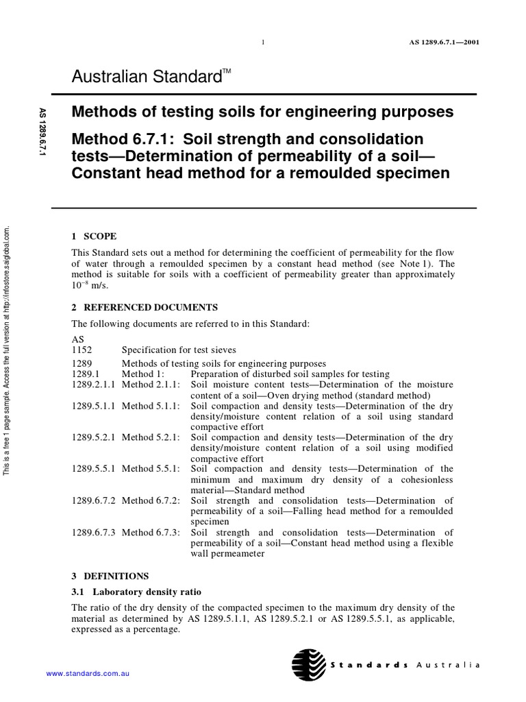 As 1289.6.7.1-2001 Methods of Testing Soils For Engineering Purposes ...