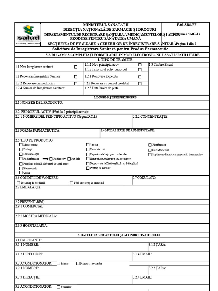 F-01-Srs-pf Formular de Cerere Pentru Înregistrarea Sanitară - Produse ...
