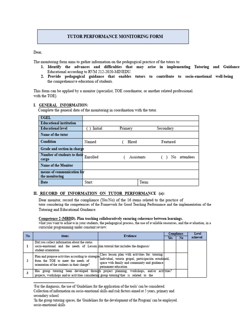Tutor Performance Monitoring Form | PDF | Pedagogy | Learning
