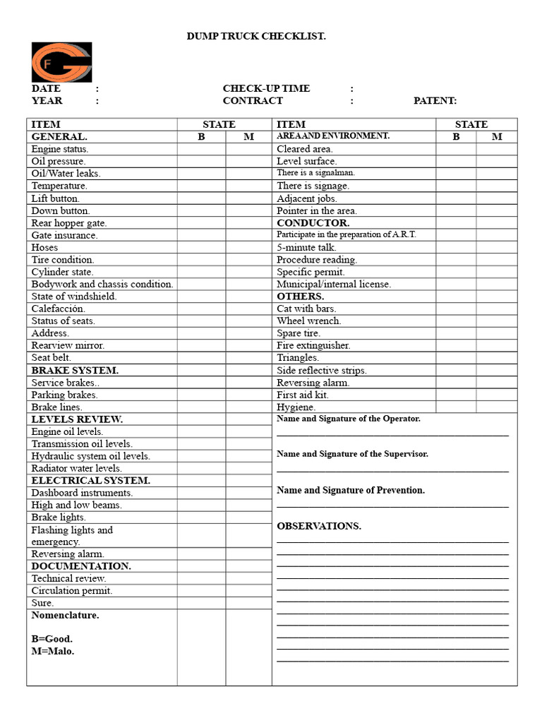 Dump Truck Checklist | PDF | Brake | Truck