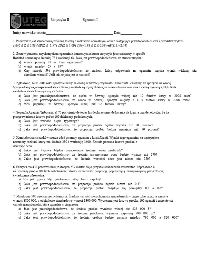 Statystyka II Egzamin 1 | PDF