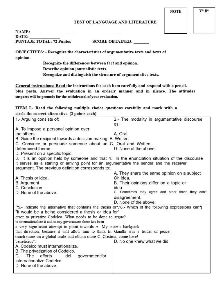Test 7 Basic Argumentation and Opinion | PDF | Multiple Choice
