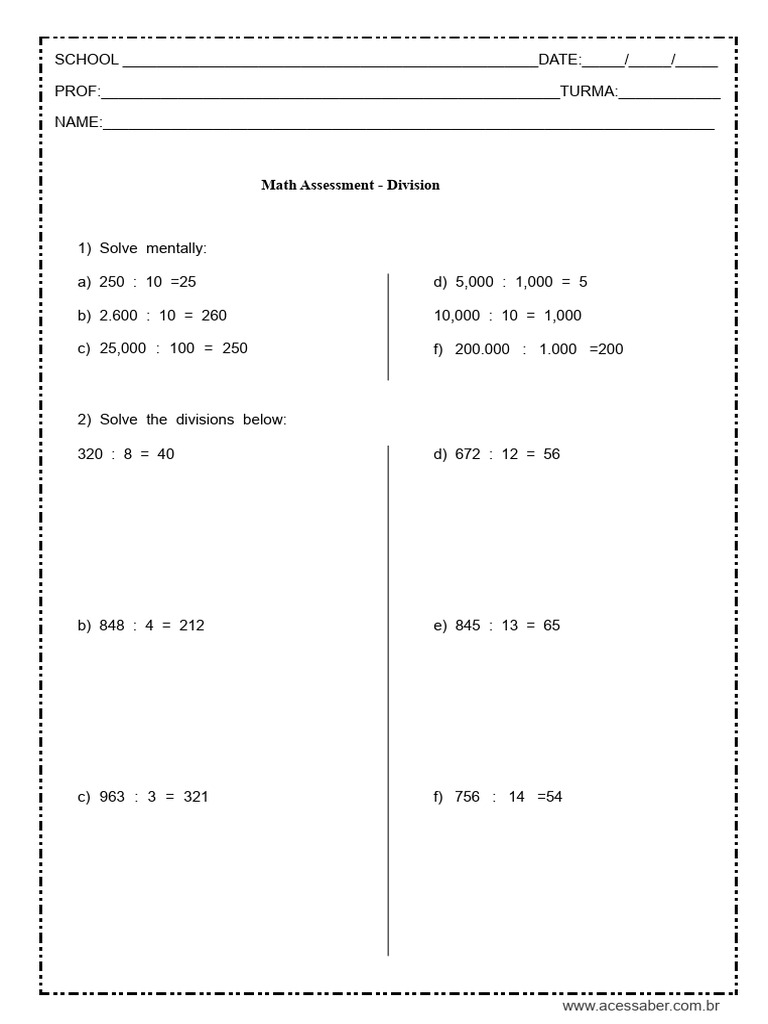 Mathematics Assessment Division 4th Grade Answers | PDF