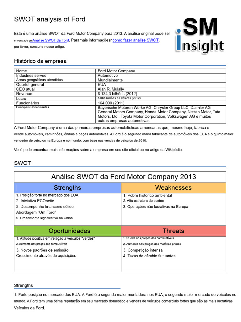 Análise SWOT da Ford 2013 | PDF | Ford Motor Company | Carro
