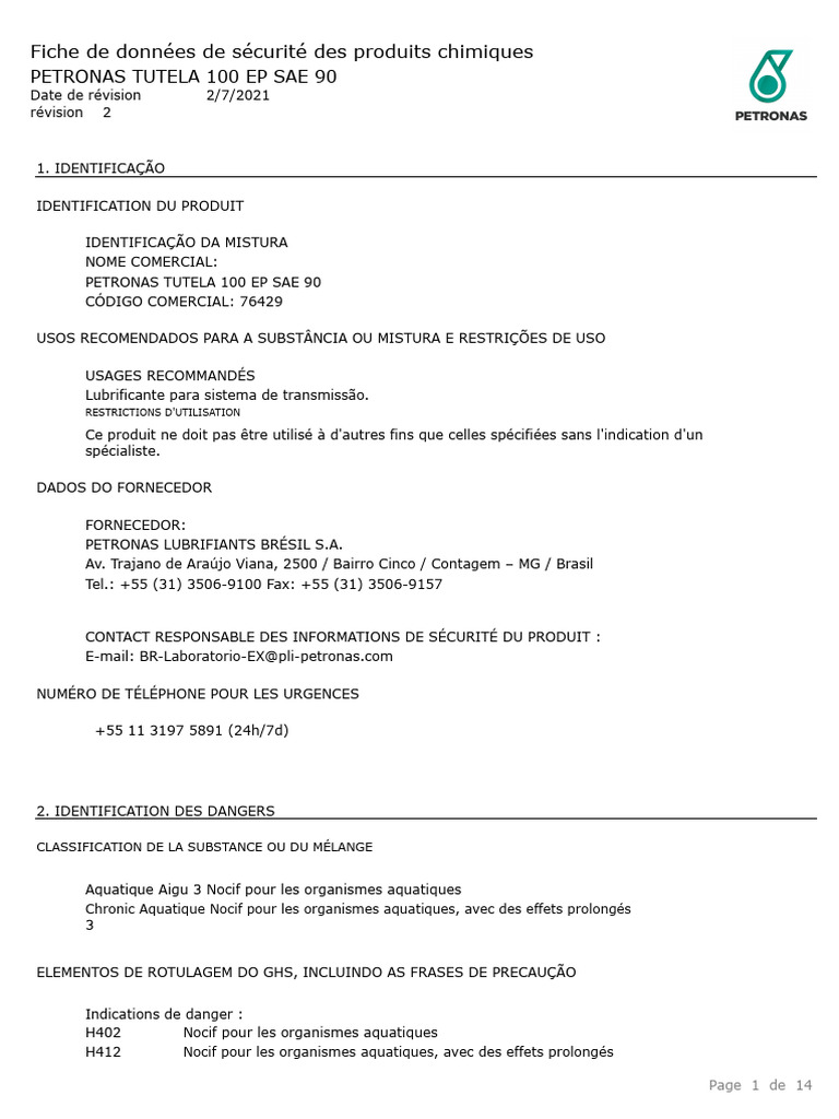 Fiche de sécurité PETRONAS TUTELA 100 EP | PDF | Substances chimiques ...