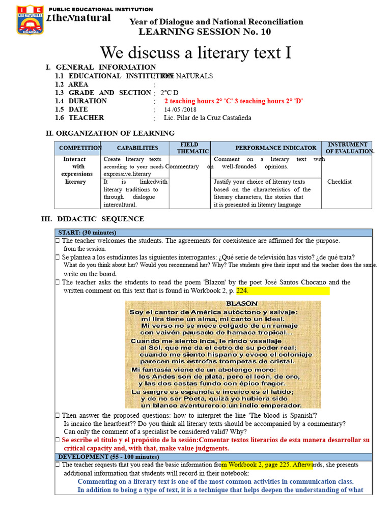 Session of We Comment On A Literary Text No. 10 | PDF | Reading ...