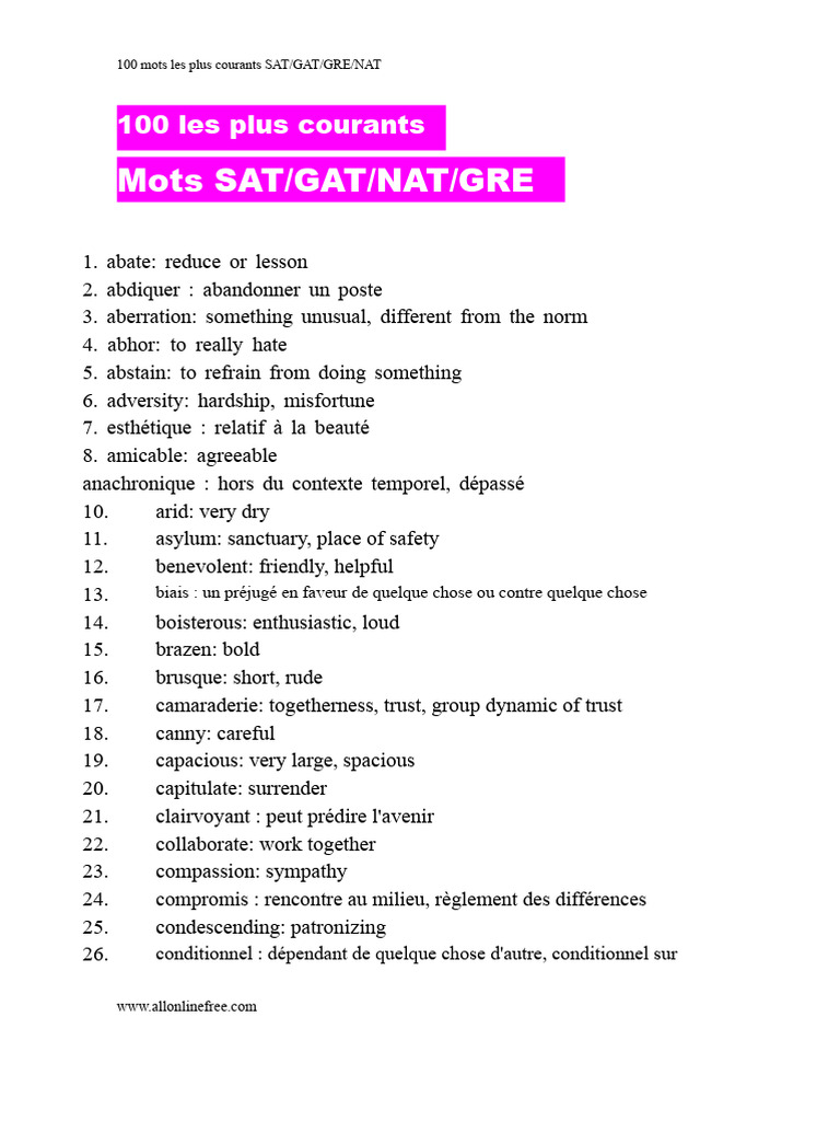 100 mots clés pour SAT/GRE/NAT | PDF