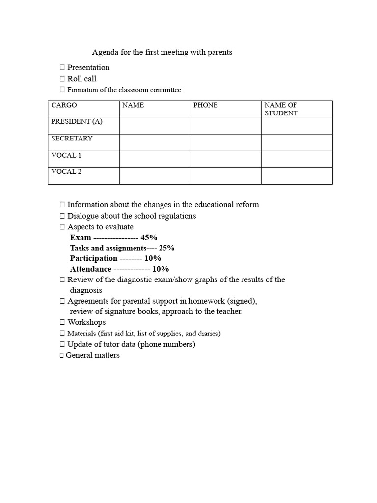 Agenda For The First Meeting With Parents | PDF