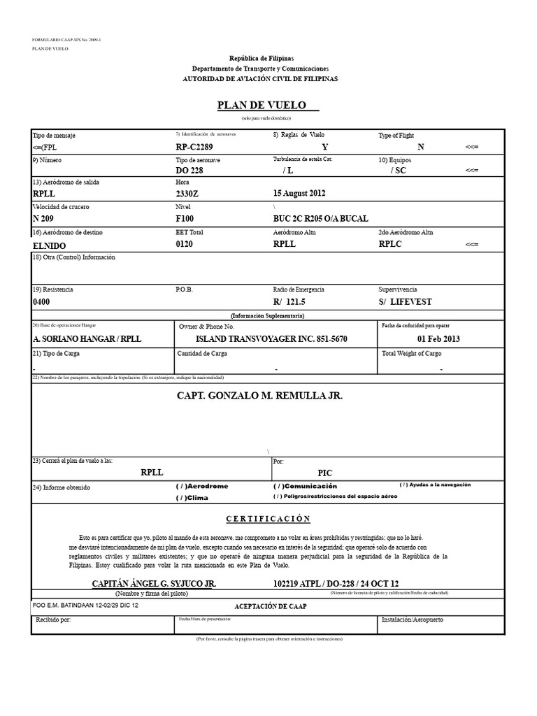Plan de Vuelo CAAP ATS Filipinas | PDF | Aviación | Aeronave