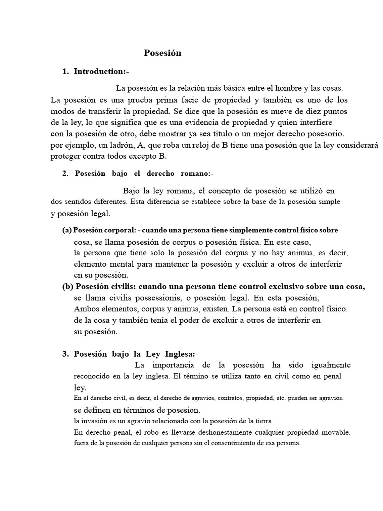 Concepto y Tipos de Posesión Legal | PDF | Posesión (Ley) | Propiedad